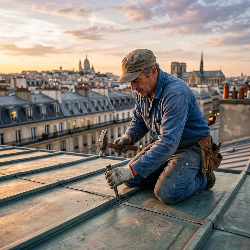 Artisan couvreur travaillant sur une toiture